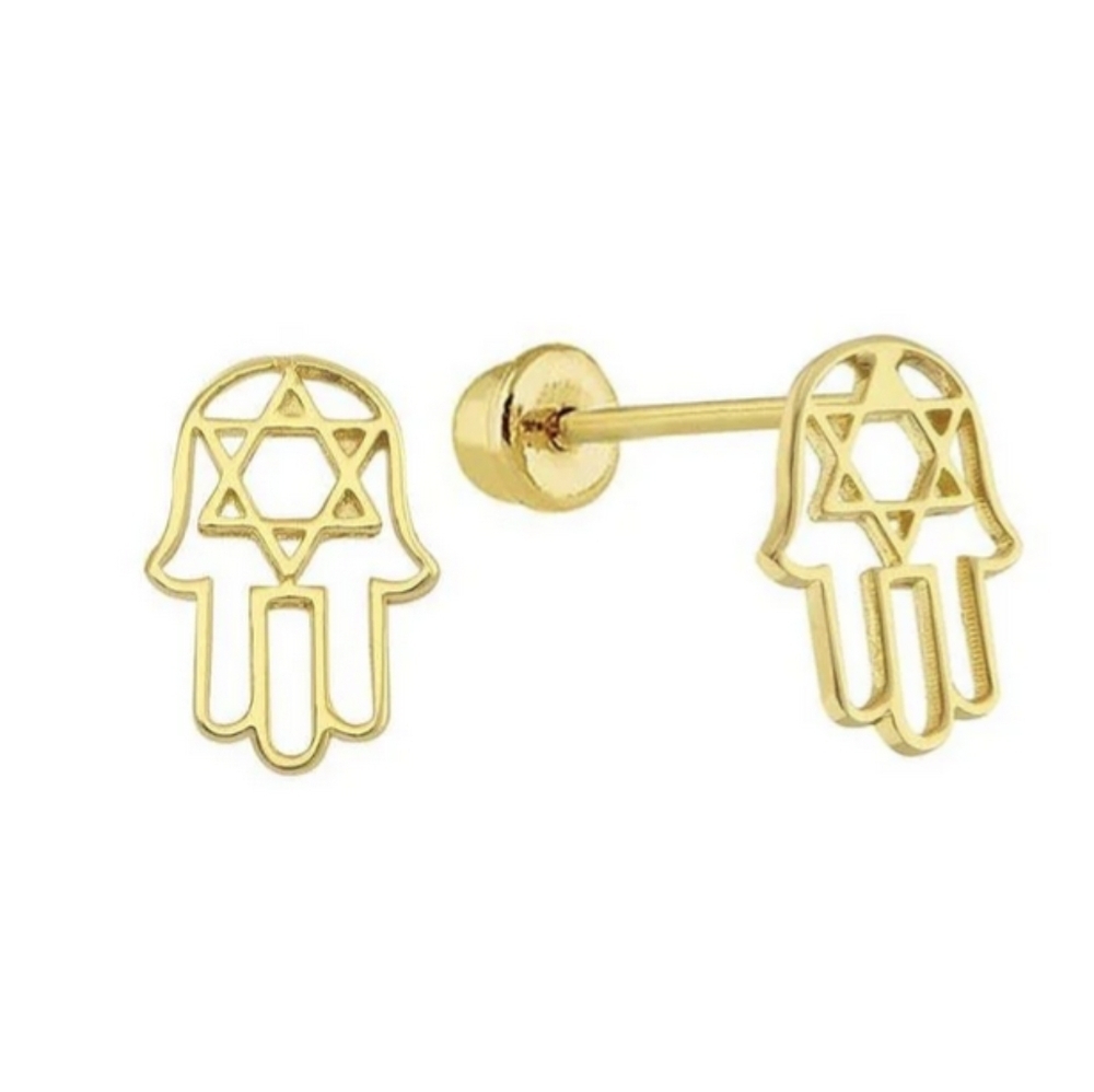 Earrings --Gold Hamsa with inset Star of David Studs/Posts
